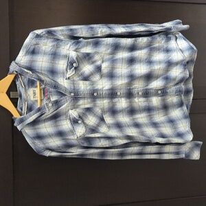 Women's TNA Boyfriend Hooded Blue Plaid Shirt - Size M Great Condition